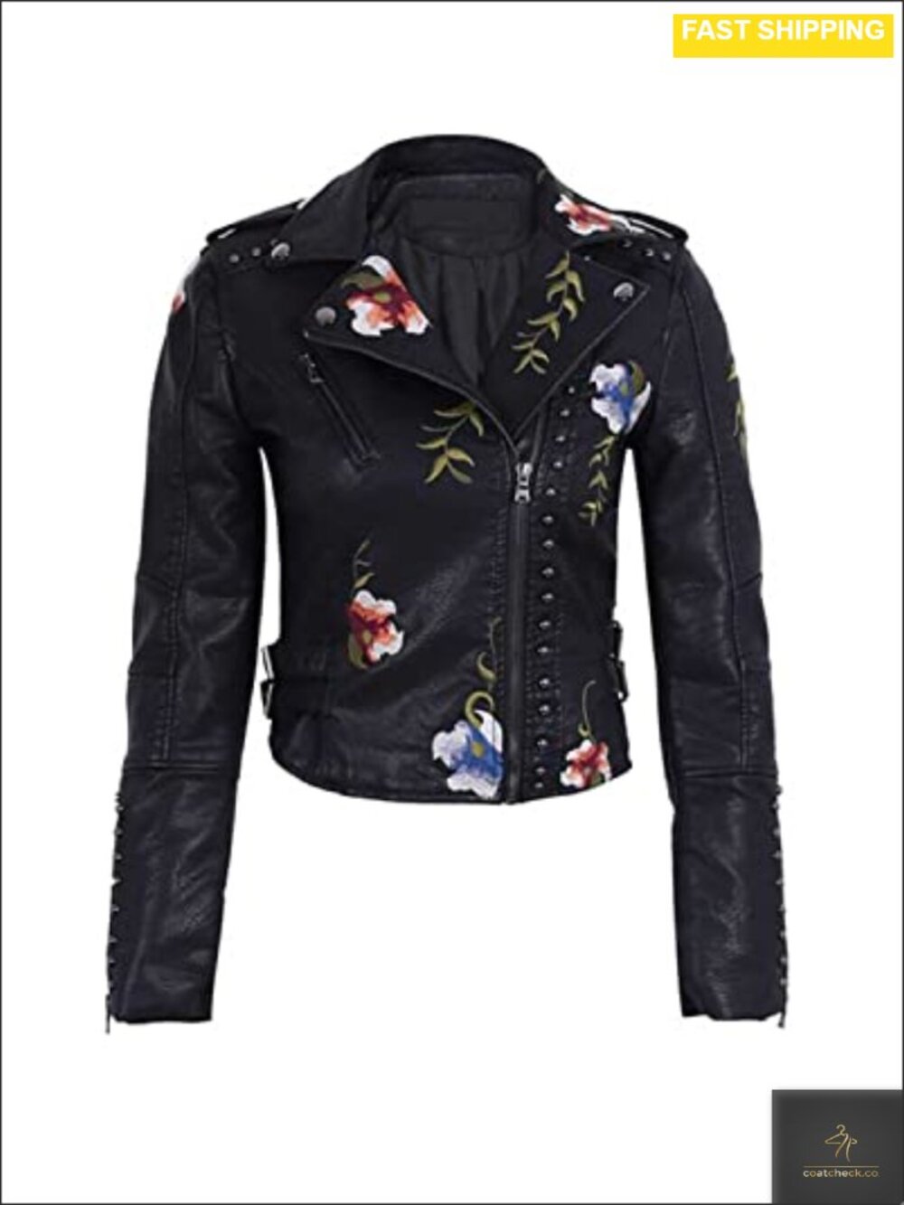 Embroidered Studded Faux Leather Moto Jacket Punk Floral Coat